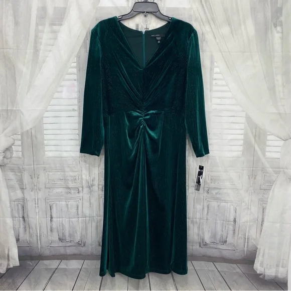 Maggy London Sz 12 Green Metallic Striped 3/4 Sleeve Velvet Midi Cocktail/Formal - Picture 9 of 15